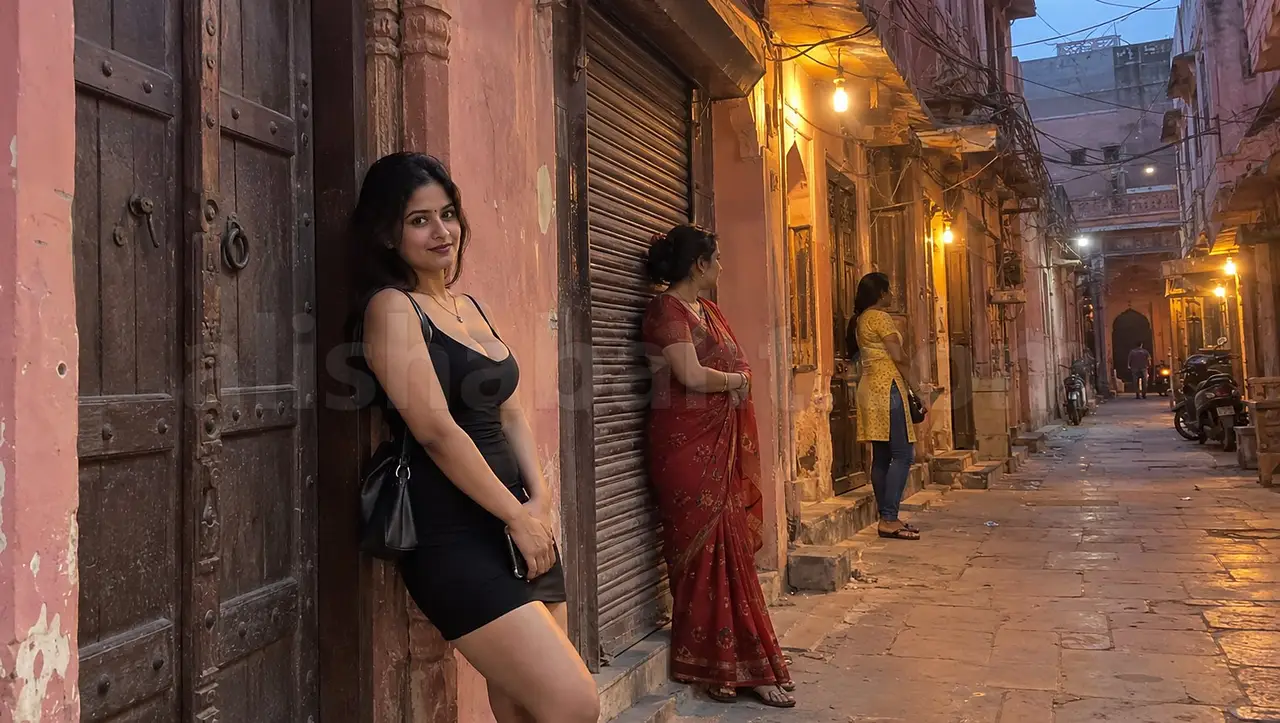 Girls waiting in an old city lane in Jaipur at dusk