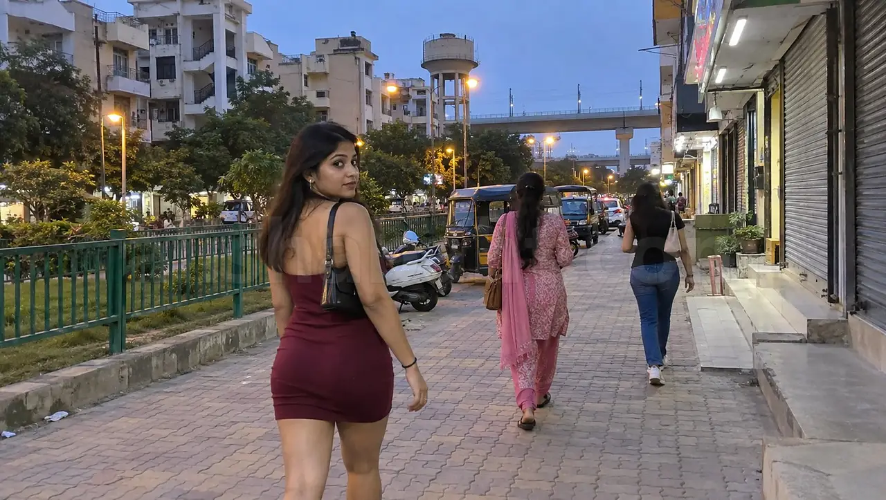 Girls walking on a Mansarovar sector market footpath, Jaipur