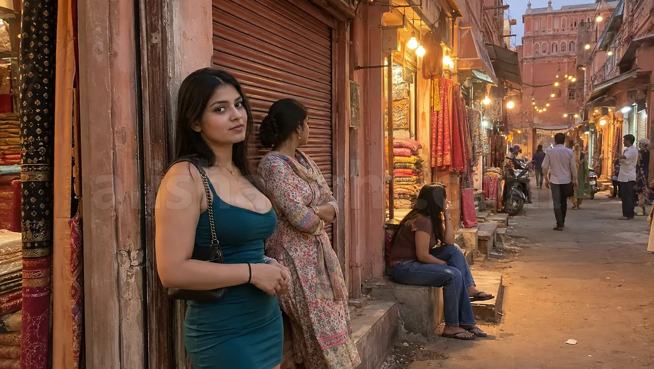 Girls waiting in Chandpole market gali, Jaipur