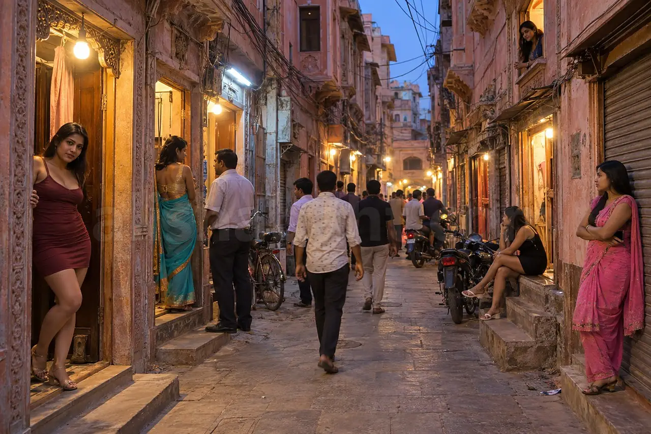 A busy red light area lane in Jaipur in the evening